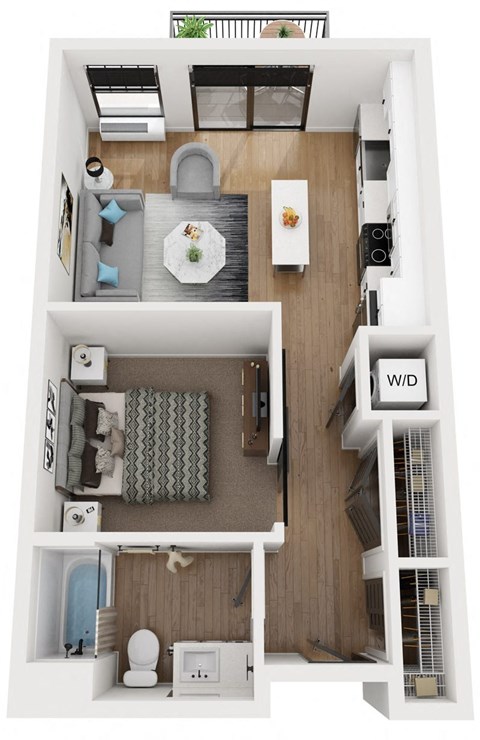 a 3d drawing of a bedroom with a wood floor